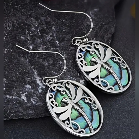 2/30$ Or 3/$35 Boho Chic Silver Dragonfly Earrings With Abalone Shell-(#0251) - Picture 2 of 5